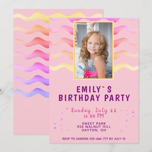 Invitation Rainbow Waves Rose Girl Photo Anniversaire (Devant / Derrière)