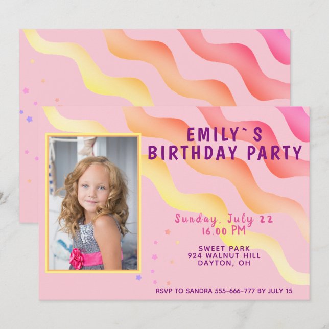 Invitation Rainbow Waves Stars Rose Girl Photo Anniversaire (Devant / Derrière)