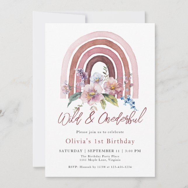 Invitation Rainbow Wild & Onedering Fleur sauvage 1er anniver (Devant)