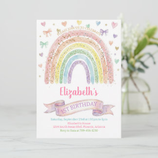 Invitation Rainbows and Hearts First Birthday Invite Pastel