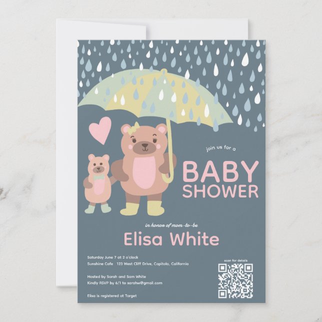Invitation Raindrops Mama & Baby Bear QR CODE Douche personna (Devant)