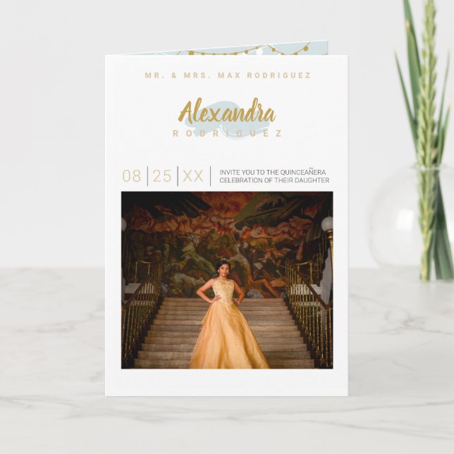 Invitation Rainy Day Blue et Gold Photo Quinceanera (Devant)