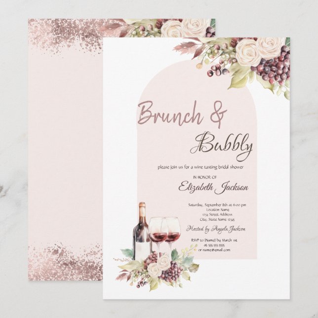 Invitation Raisins de Vin  Fleurs Bohèmes Brunch & Bulles (Devant / Derrière)