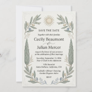 Invitation Rameaux d'olivier, cyprès, motif solaire, orné B