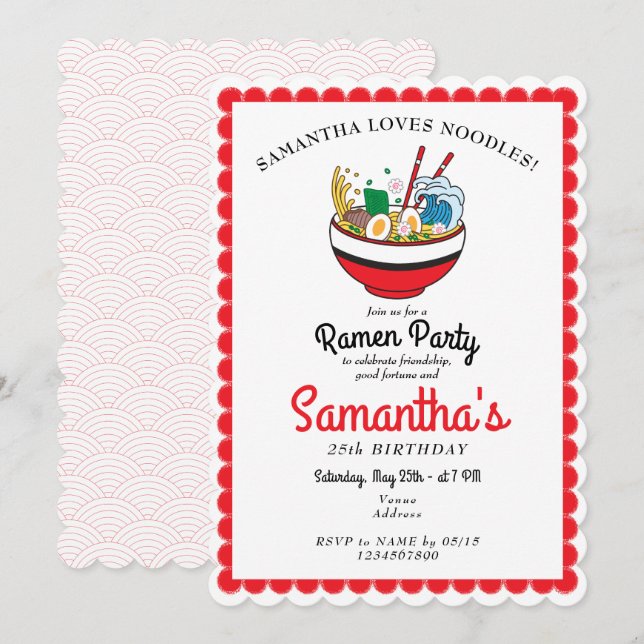 Invitation Ramen Rouge japonais Miso Noodle Soupe Anniversair (Devant / Derrière)
