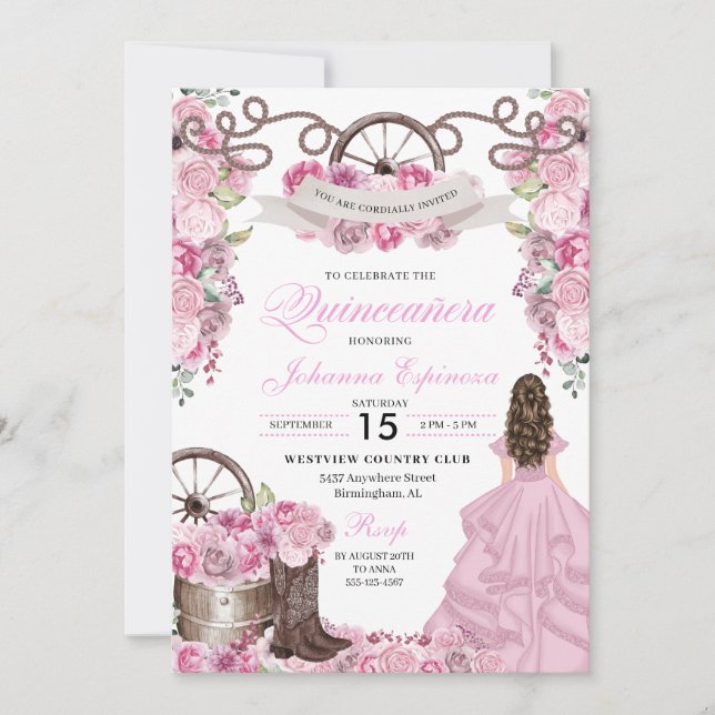 Invitation Ranchero Quinceanera rose rose occidentale (Devant)