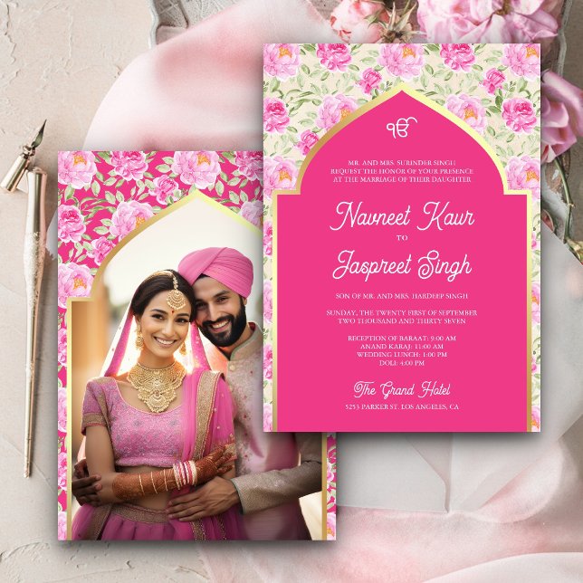 Invitation Rani rose Floral Photo Anand Karaj Sikh Mariage (Créateur téléchargé)