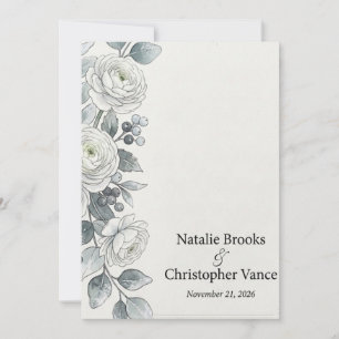 Invitation Ranunculus blanc et baies bleu poussiéreux Aquarel