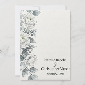 Invitation Ranunculus blanc et baies bleu poussiéreux Aquarel