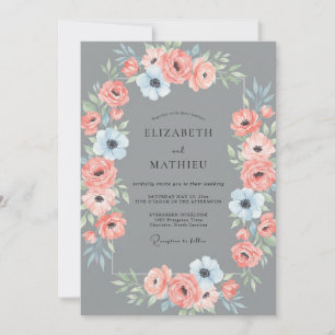 Invitation Ranunculus Corail Ardoise Eucalyptus Douce Mariage