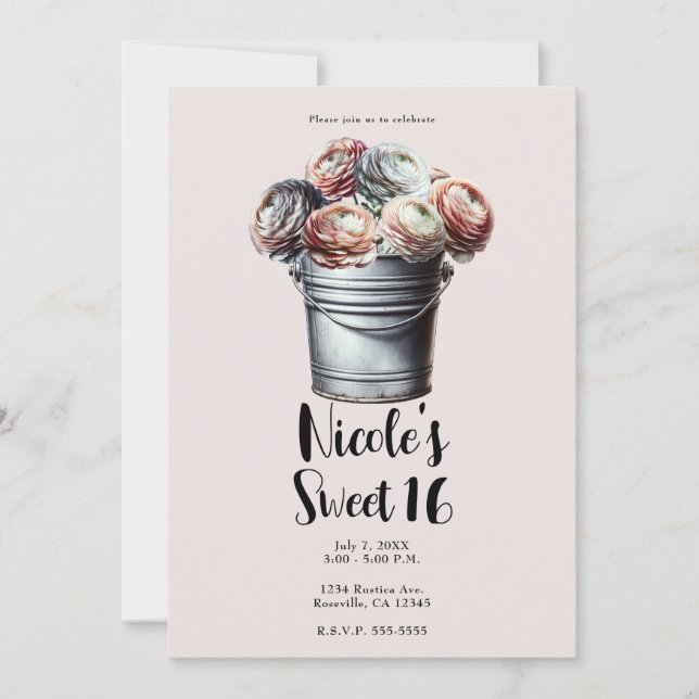 Invitation Ranunculus en Pail Tin Rustique Glam Rose Sweet 16 (Devant)