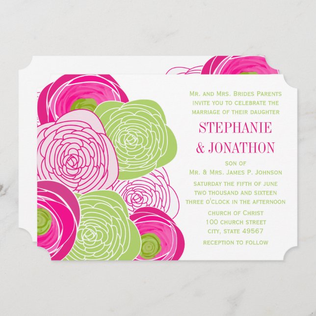 Invitation Ranunculus Rose Lime Fuchsia Mariage moderne Invit (Devant / Derrière)