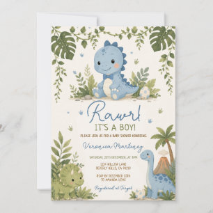 Invitation Rawr C'est un Garçon Dinosaure Mignon avec un Nœud