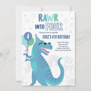 Invitation Rawr Into Four T-Rex Dinosaur 4e fête d'anniversai