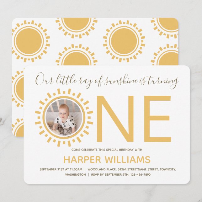 Invitation Ray of Sunshine Photo Baby First Birthday (Devant / Derrière)