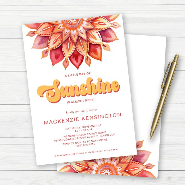 Invitation Ray of Sunshine rose Jaune Retro Baby shower Boho (Little Ray of Sunshine Retro Boho Baby Shower Invitation)