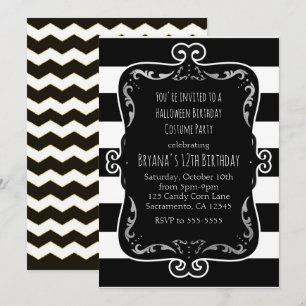 Invitation Rayé noir et blanc avec fête fantaisiste argentée