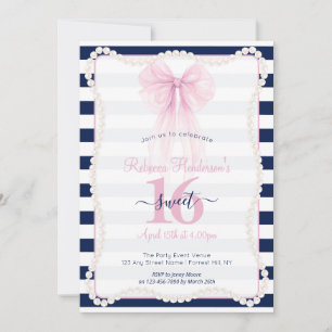 Invitation Rays Préparatoires Rose Nœud Perles Sweet 16