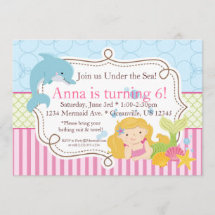 Invitation Rayure rose, dauphin, fête d'anniversaire de