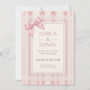 Invitation Rayure rose pastel et dentelle blanche à nœud papi