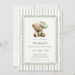 Invitation Rayure Vert Sauge Ourson Premier Anniversaire