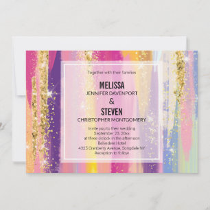 Invitation Rayures arc-en-ciel avec fausse glitter doré pour 