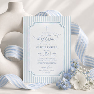 Invitation Rayures Bleu Poussiéreux Baptême pour Bébé Garçon
