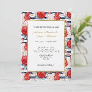 Invitation Rayures bleues rouge blanc mariage floral