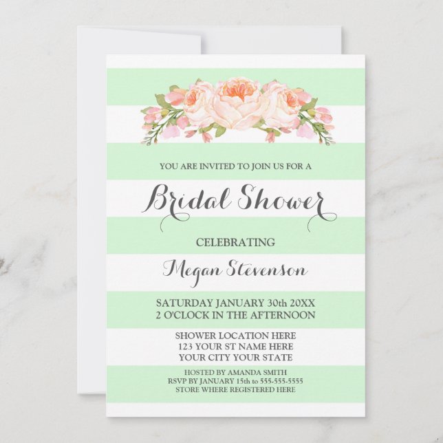 Invitation Rayures de menthe claire Aquarelle Fête des mariée (Dos)