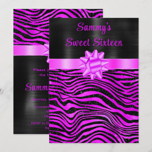 Invitation Rayures de zèbre violettes et noires Sweet Sixteen