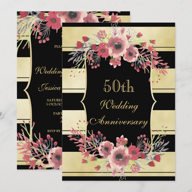 Invitation Rayures dorées chic florales aquarelle 50e anniver (Devant / Derrière)