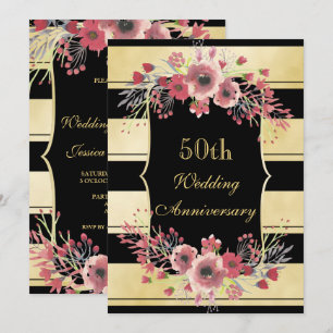 Invitation Rayures dorées élégantes Fleurs aquarelle 50e anni