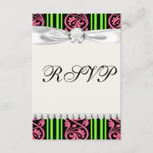 Invitation rayures et damas vert citron rose vif