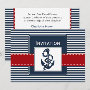 Invitation rayures marines, ancre, mariage nautique