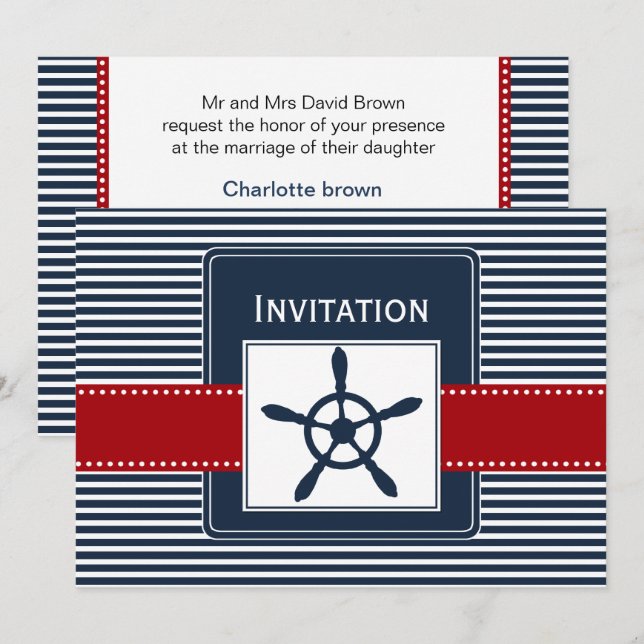 Invitation rayures marines, gouvernail, mariage nautique invi (Devant / Derrière)