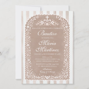 Invitation Rayures Marron Floral Talavera Espagnole de Baptêm