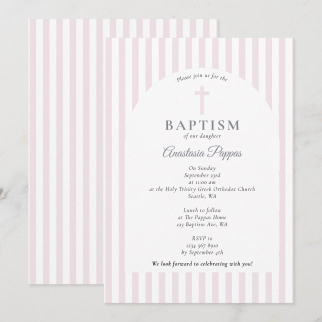 Invitation Rayures modernes Christening Baptême Blush Rose Gi (Devant / Derrière)