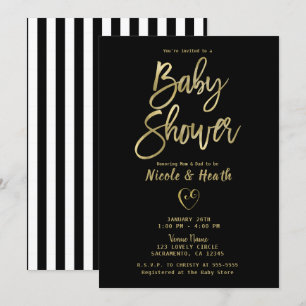 Invitation Rayures noires et blanches dorées Baby Shower chic