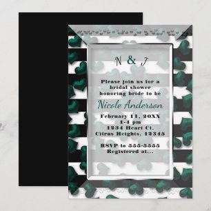 Invitation Rayures noires et blanches et cœurs émeraude Baby