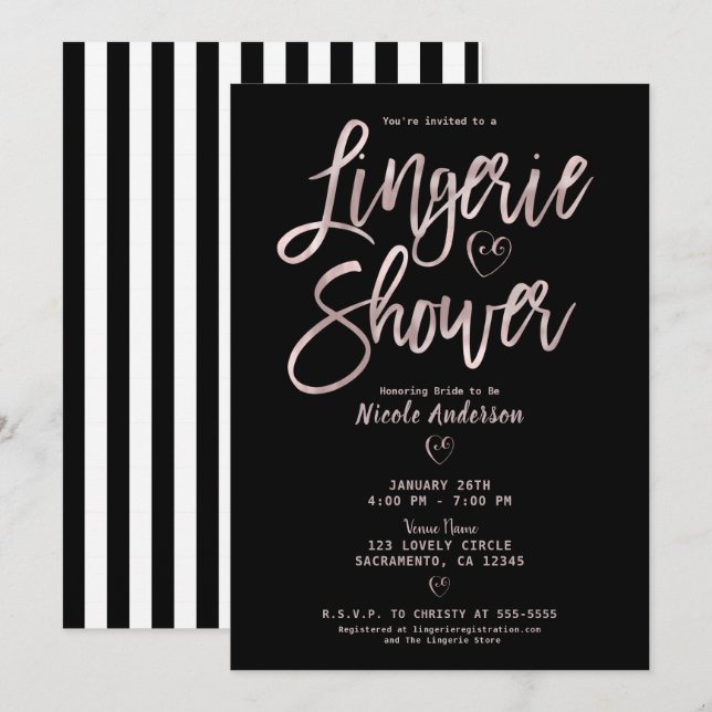 Invitation Rayures noires et blanches lingerie rose or sous l (Devant / Derrière)