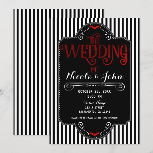 Invitation Rayures noires et blanches mariage gothique chauve (Devant / Derrière)