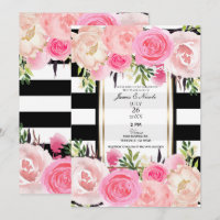 Rayures noires et blanches Or Rose Floral Mariage