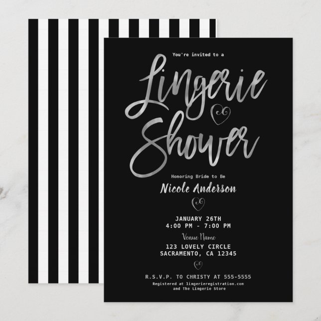 Invitation Rayures noires et blanches Rose or rose lingerie d (Devant / Derrière)