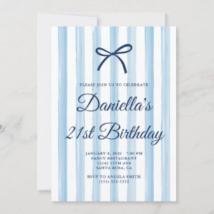Invitation Rayures peintes en blanc et bleu clair pour 21 ans