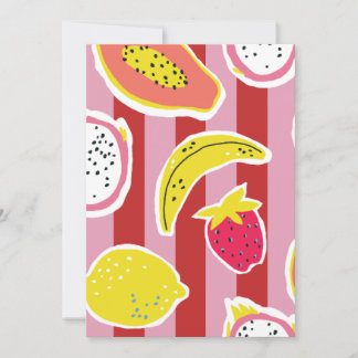 Invitation rayures rouges et roses avec des fruits tropicaux