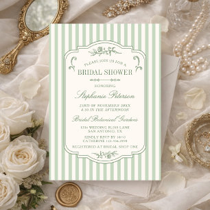 Invitation Rayures Vert Sauge Floral Vintage Shower de Mariag
