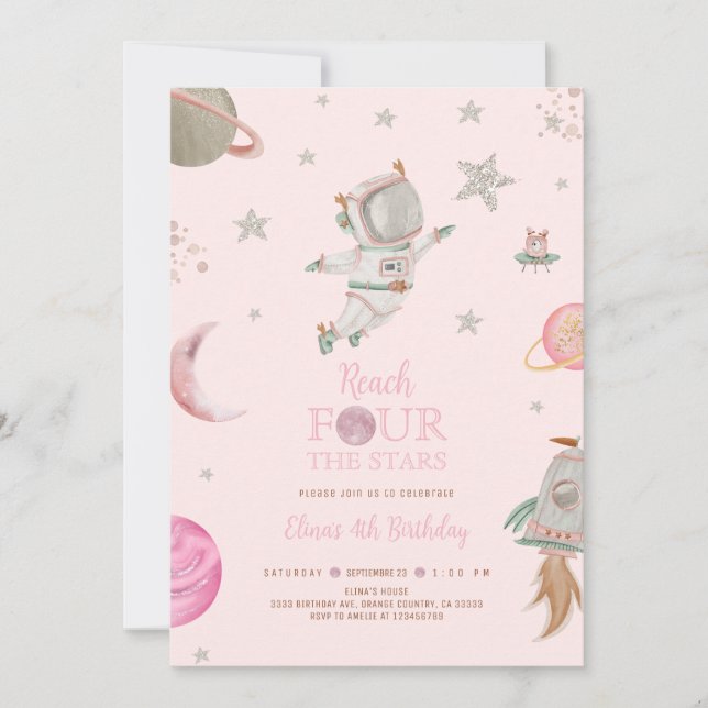 Invitation Reach four the stars, Girl Astronaut, Space 4th (Devant)