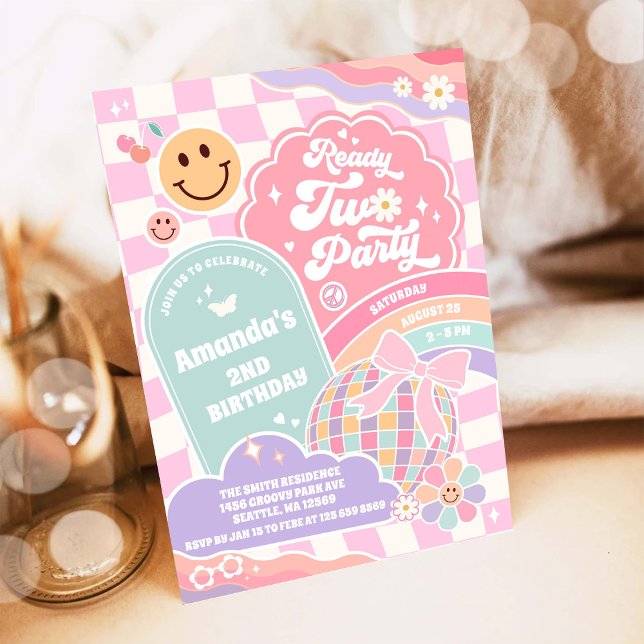 Invitation Ready Two Party Groovy Rainbow Disco 2nd Birthday  (Créateur téléchargé)