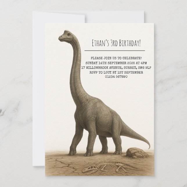 Invitation Realistic Sauropod Dinosaur with Fossils Birthday (Devant)