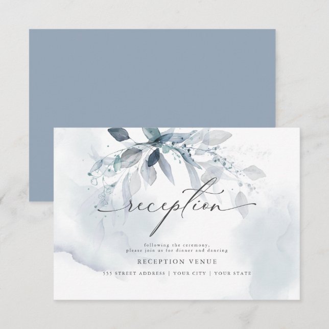 Invitation Réception aquarelle du feuillage de couleur bleu r (Devant / Derrière)